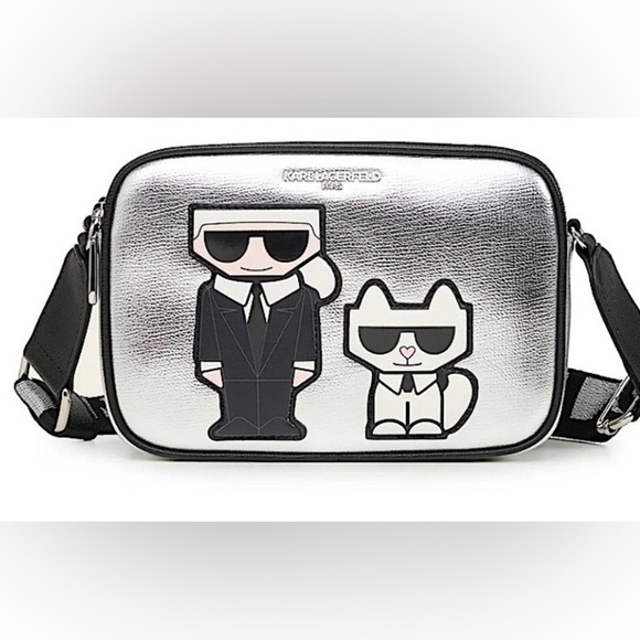 Karl Lagerfeld Handbags - Karl Lagerfeld Metallic Silver Black Belt Crossbody Bag
